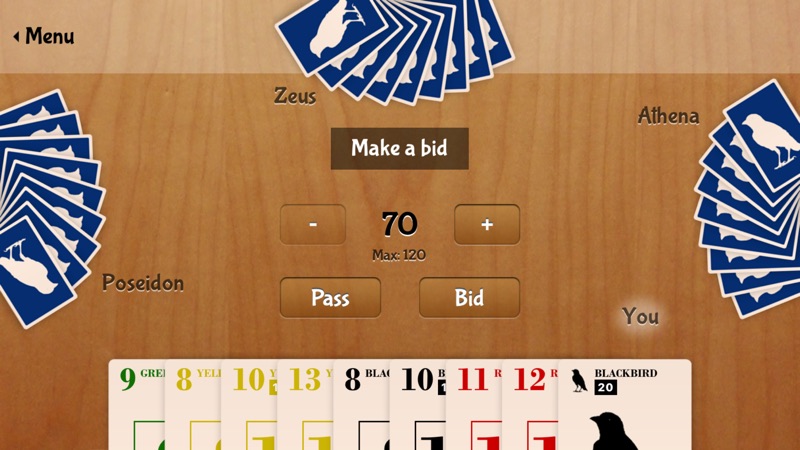 Bidding: choosing a bid of 70 with a hand of cards