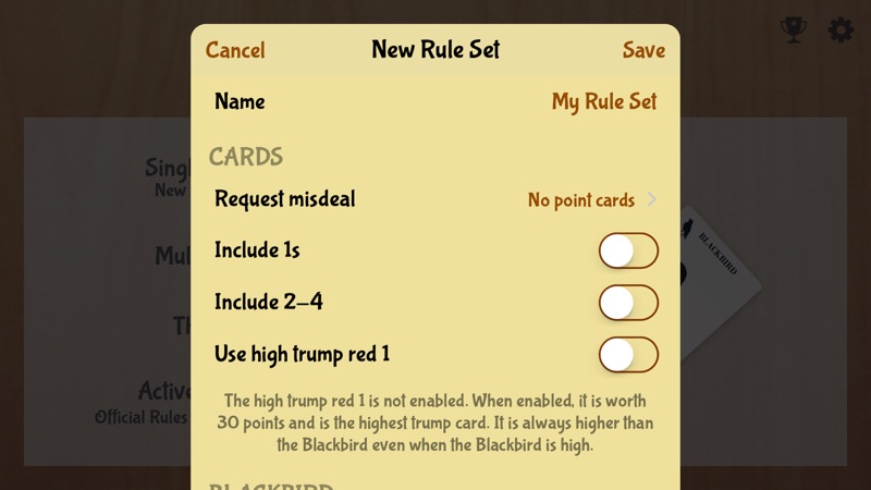 Creating a new rule set with options for 1s, 2–4 and the high trump red 1